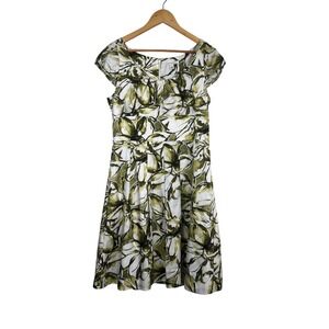 Banana Republic Womens Green White Floral 100% Silk Fit Flare Dress Size 10